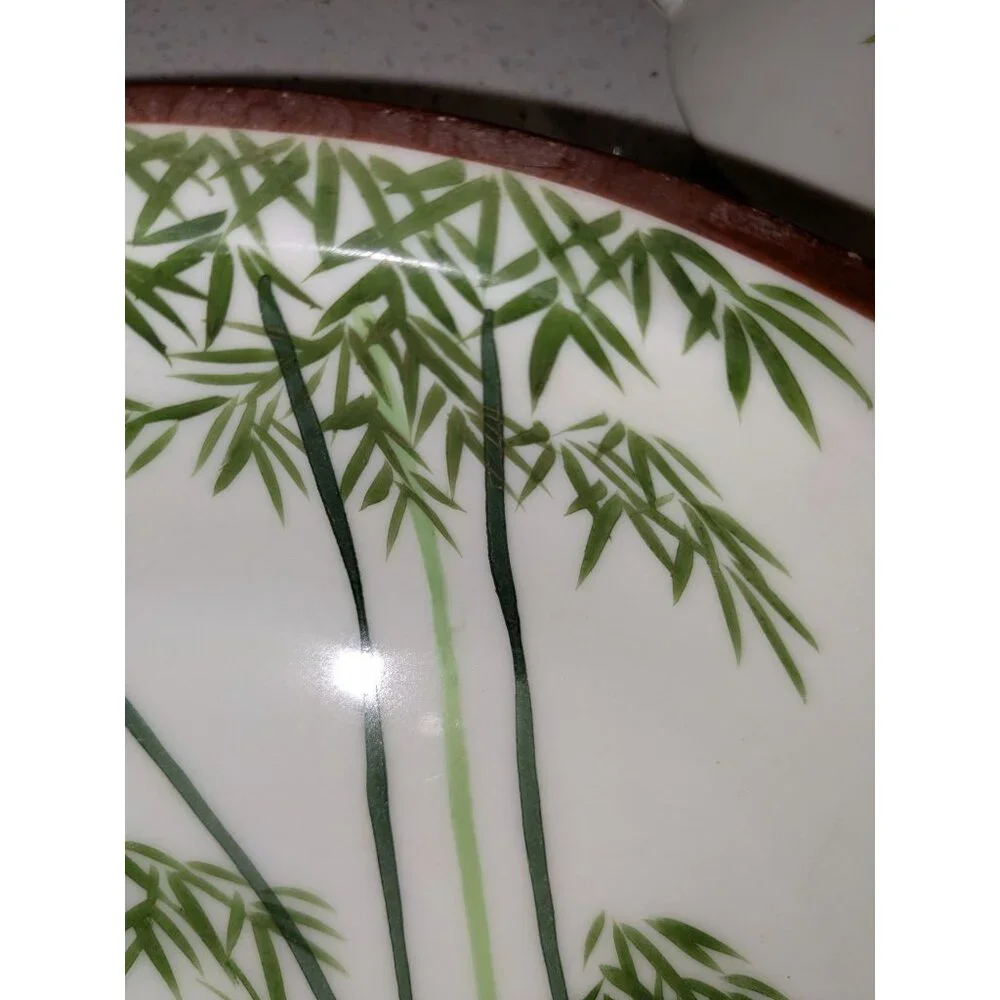 Vintage Japanese Hand-Painted Bamboo Design Oval Bowl two Handles 11 inch Length - Picture 9 of 12